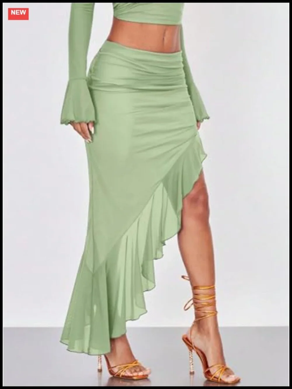 Women's High Waisted Asymmetrical Ruched Mesh Flowy Ruffle Trim Midi Long Skirt